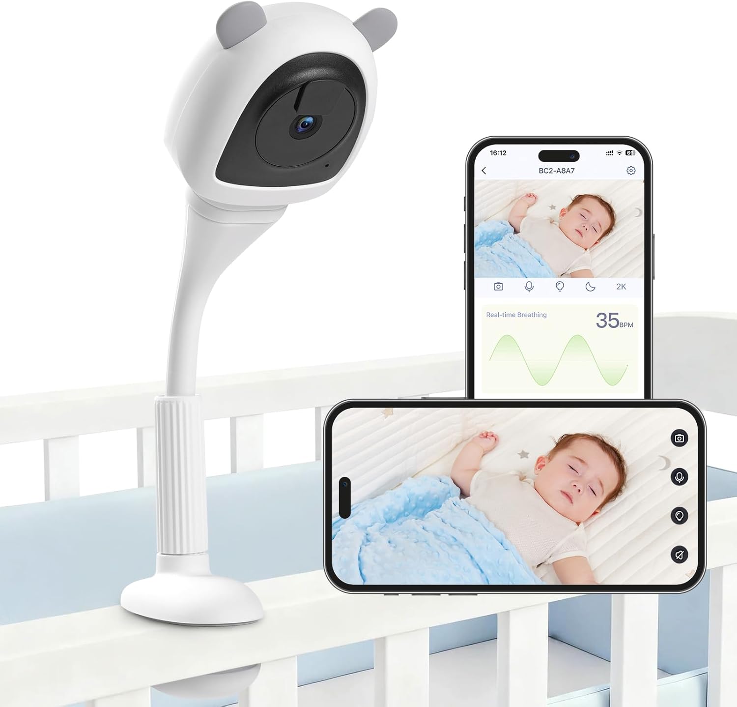 VerdiNex Premier White Baby Monitor on a crib