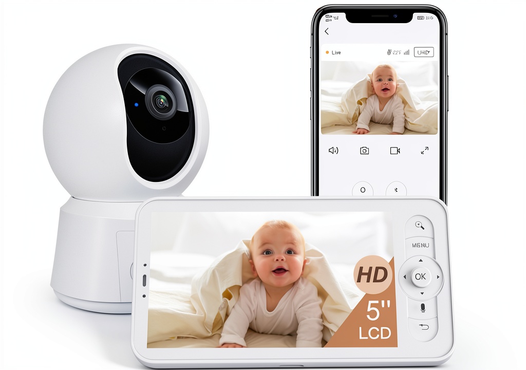 'Ainanny B2-3Cam Smart Baby Monitor on a bedside table'