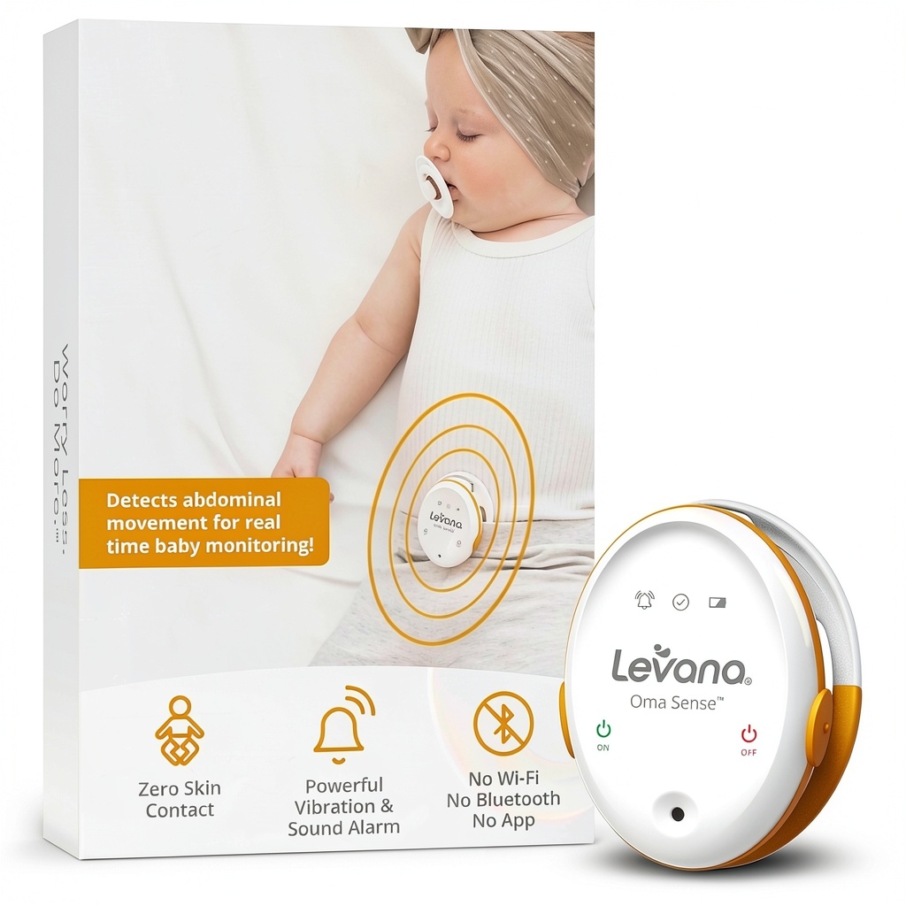 Levana Oma Sense monitor attached to a newborn’s onesie on a wooden bedside table